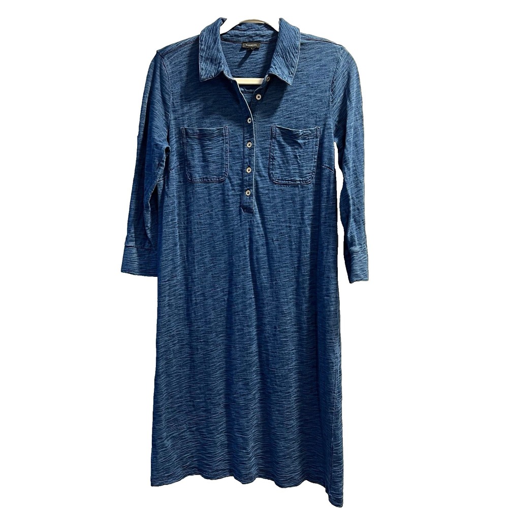 Talbots Women's Medium Blue Collared Shirt Dress 3/4 Sleeve Mid Length 38x39